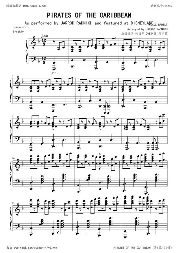 Jarrod Radnich(加勒比海盗主题曲)钢琴谱简谱数字谱双手简谱
