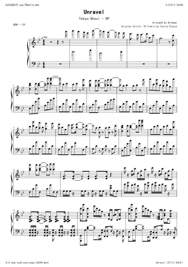 Unravel钢琴谱简谱数字谱双手简谱