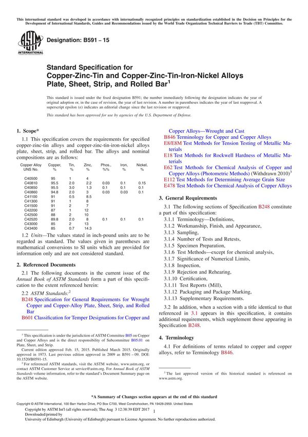 ASTM B591 15 Standard Specification for Copper-Zinc-Tin and Copper-Zinc-Tin-Iron-Nickel Alloys Plate, Sheet, Strip, and Rolled