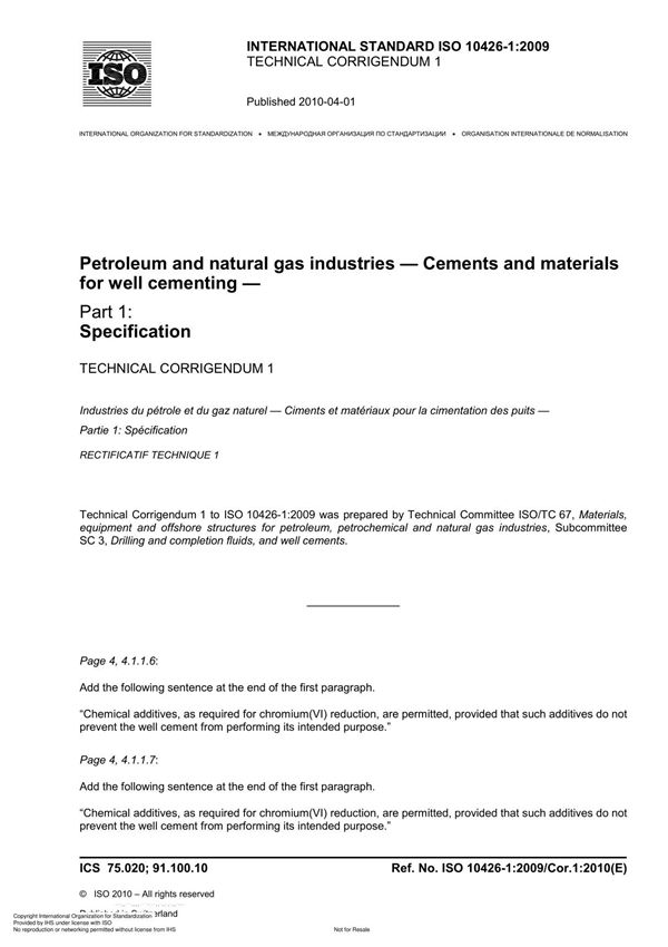 ISO 10426-1 Petroleum and natural gas industries  Cements and materials for well cementing  Part 1 Specification TC1
