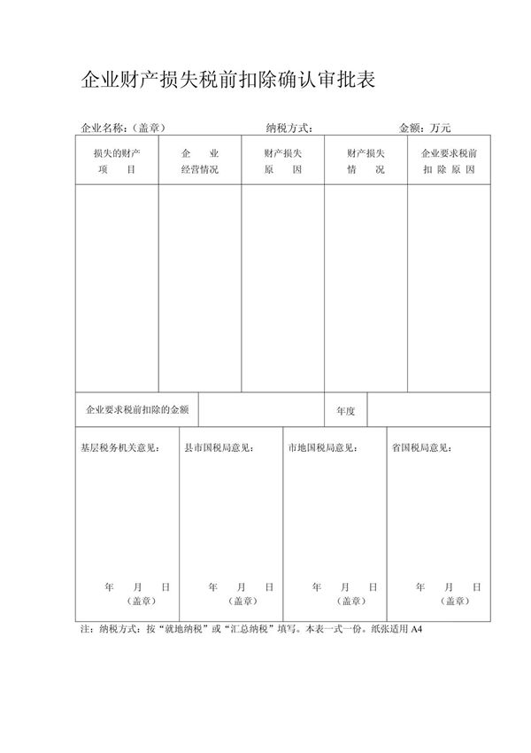 企业财产损失税前扣除确认审批表