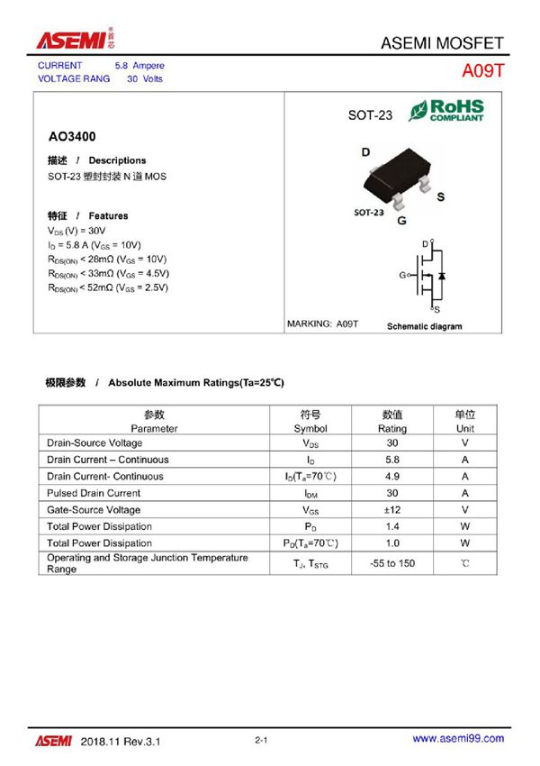 A09T-ASEMI贴片MOSFET管