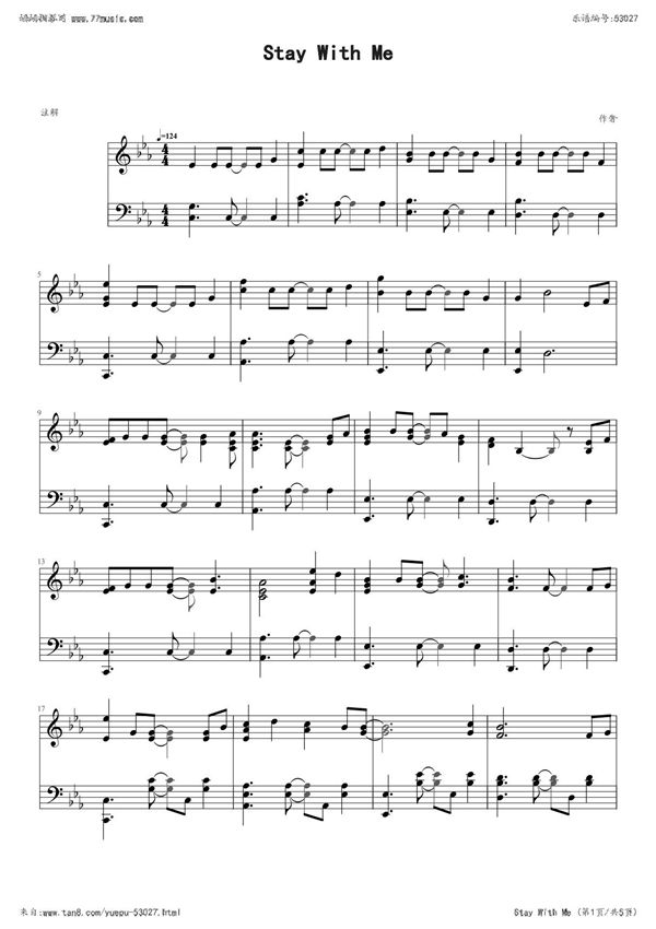 Stay With Me(EXO朴灿烈)钢琴谱简谱数字谱双手简谱