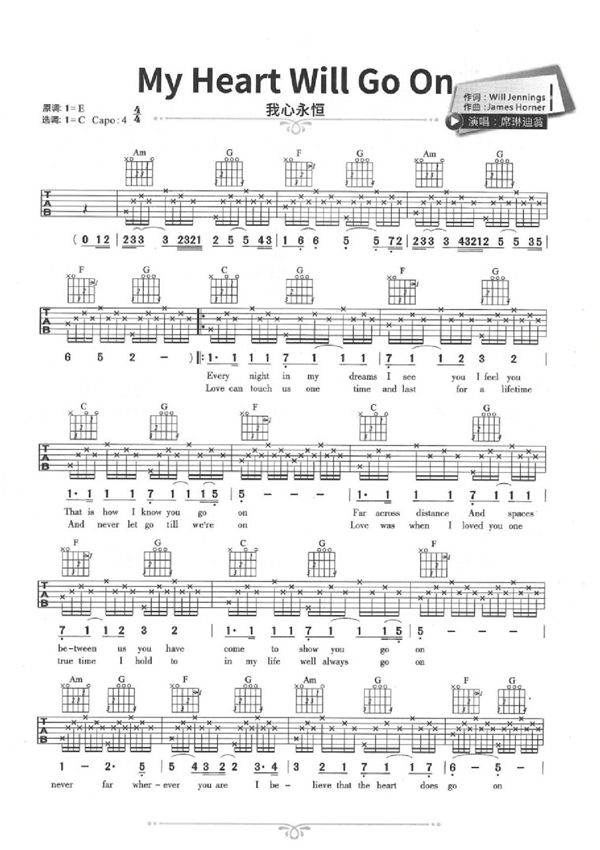 我心永恒-My-Heart-Will-Go-On吉他谱 C调简单版原版简谱指法指弹唱六线谱入门高清完整版