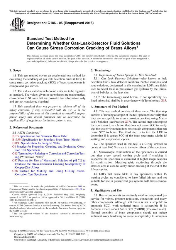 ASTM G186 05 (Reapproved 2016) Standard Test Method for Determining Whether Gas-Leak-Detector Fluid Solutions Can Cause Stre