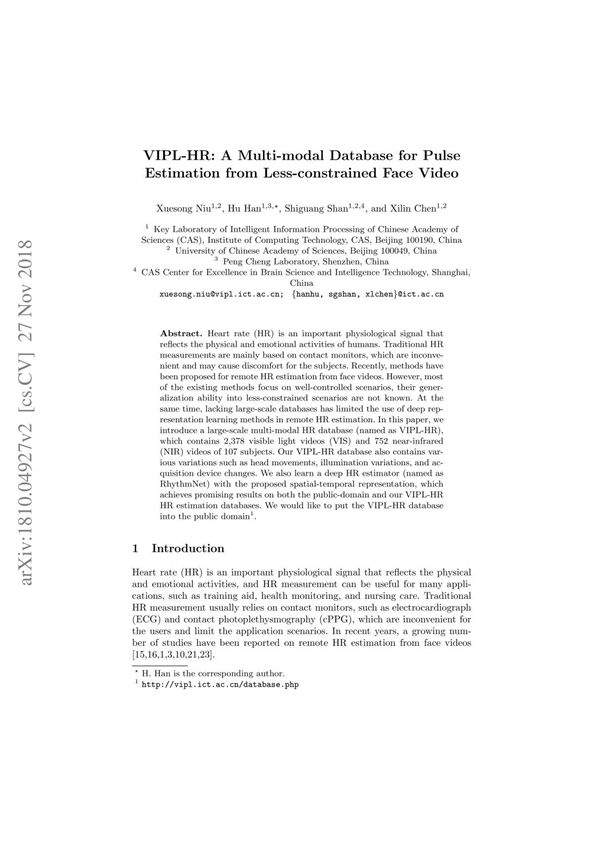 VIPL-HR 一个多模态数据库,用于从较少约束的面部视频中进行脉冲估计 VIPL-HR A Multi-modal Database for Pulse Estimation from Less-c