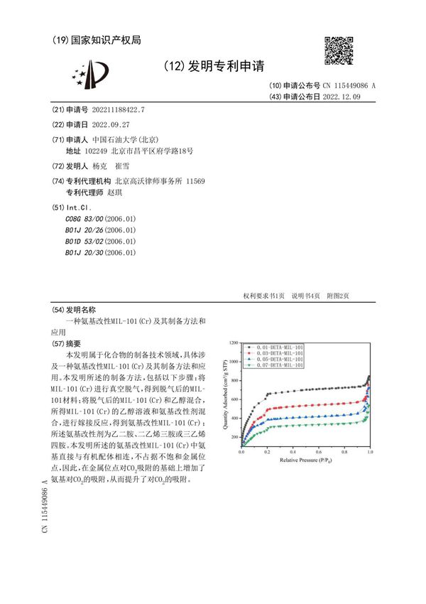 一种氨基改性MIL-101(Cr)及其制备方法和应用