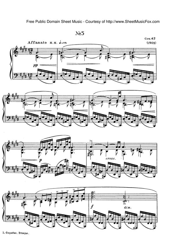 斯克里亚宾练习曲作品42 升c小调练习曲 Etude Op42 No5 Scriabin钢琴谱