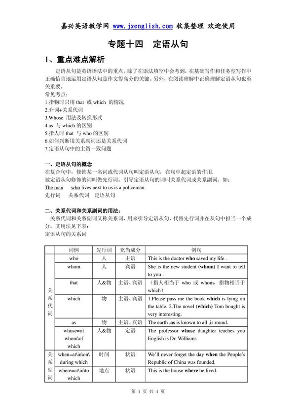高考英语语法专题复习-定语从句
