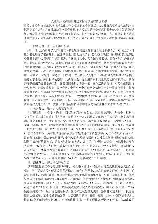 党组织书记抓基层党建工作专项述职情况汇报