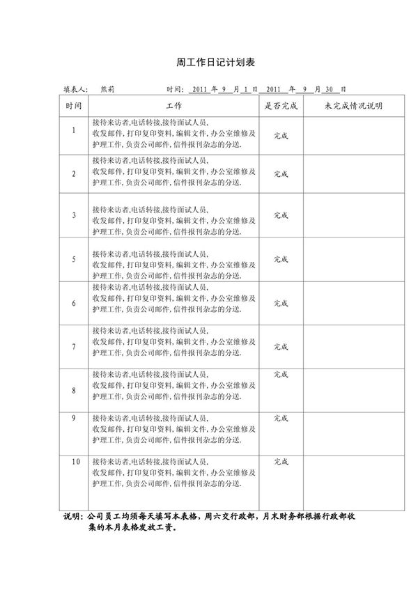 周工作日记计划表