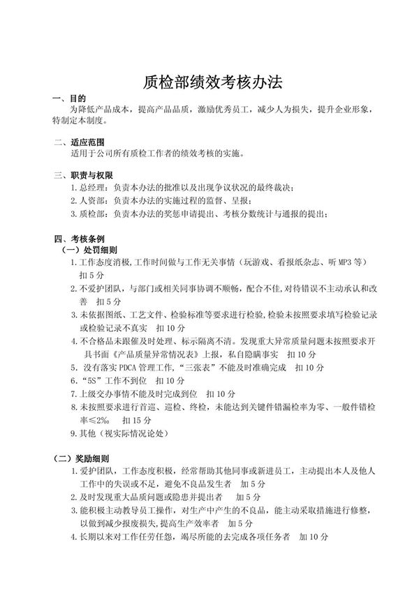 最新质检部绩效考核办法