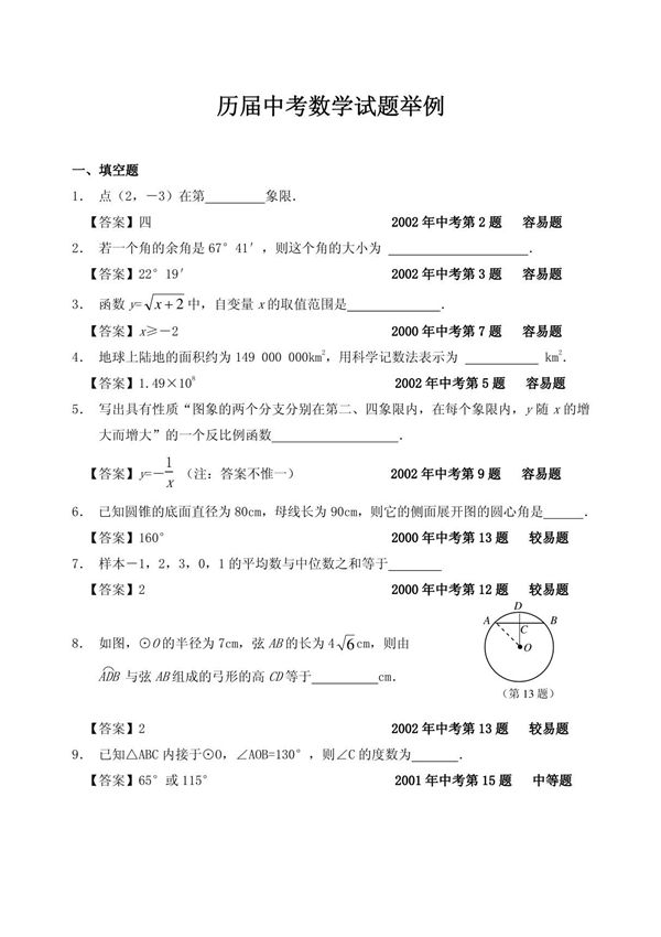 历届中考数学试题举例