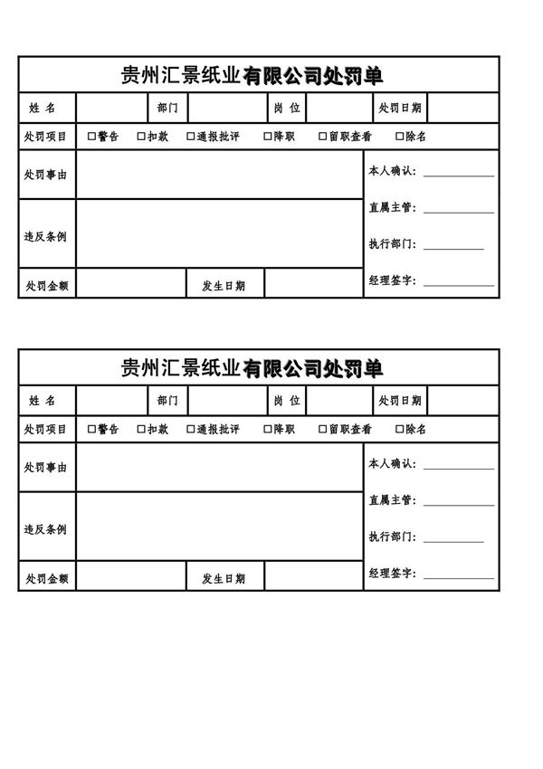 XXX公司处罚单(样板)