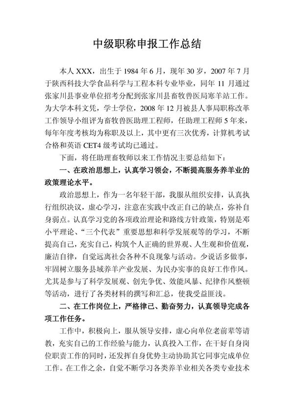 XX中级职称申报工作总结