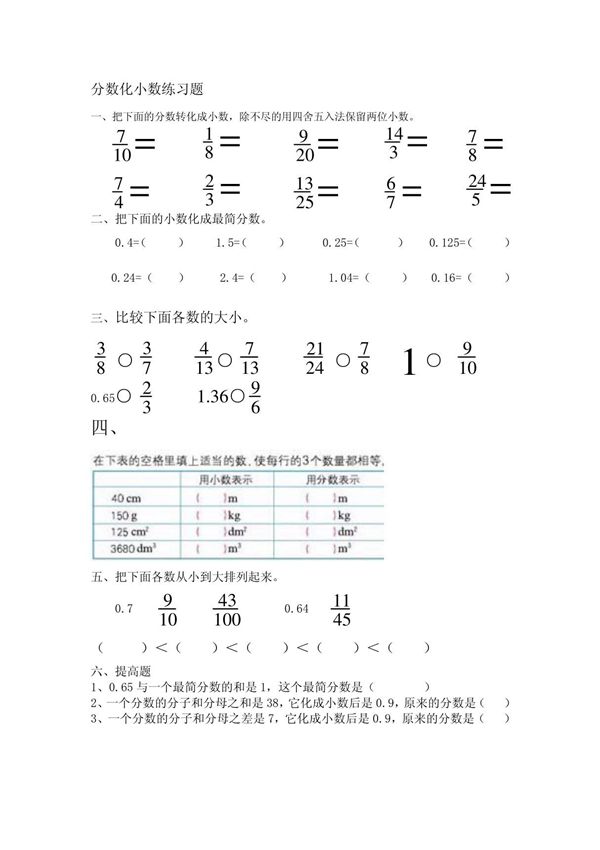人教版五年级数学下册分数练习题