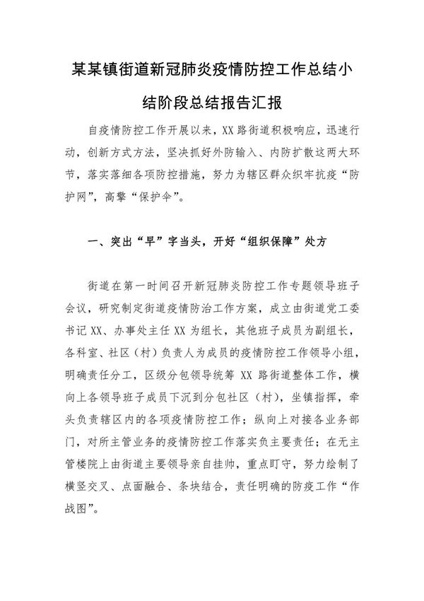 某某镇街道新冠肺炎疫情防控工作总结小结阶段总结报告汇报