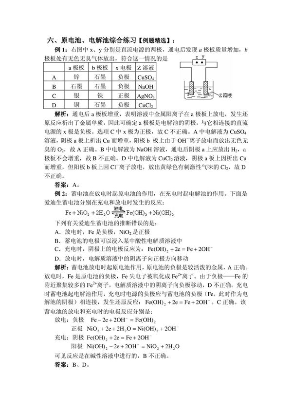 原电池 电解池综合练习(例题精选)