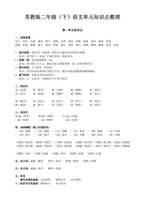 苏教版二年级下册语文单元知识点整理