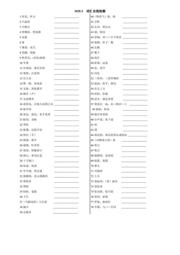 江苏译林版牛津高中英语高一模块三单词表词汇自我检测