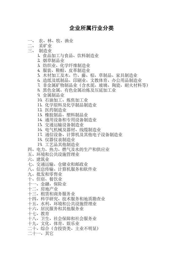 企业所属行业分类明细