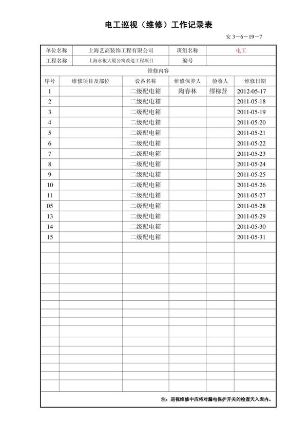 电工临时用电巡查记录表