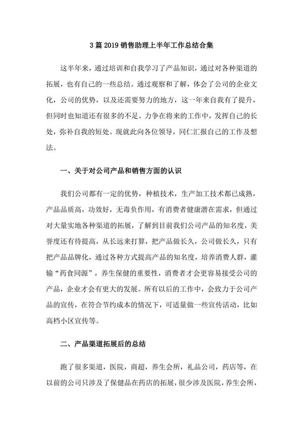 3篇2019销售助理上半年工作总结合集