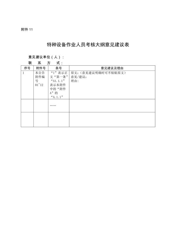 《特种设备作业人员考核大纲意见建议表》