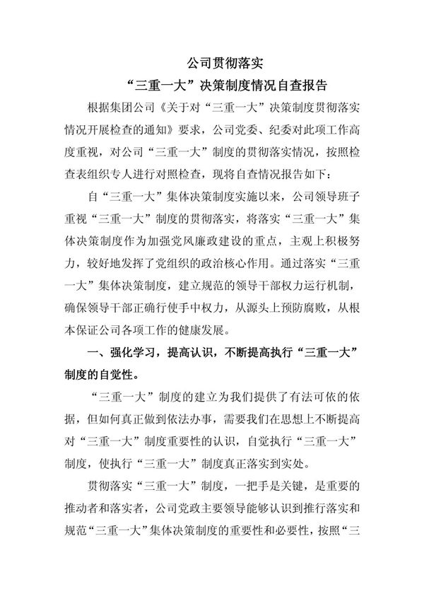 三重一大决策制度情况自查报告