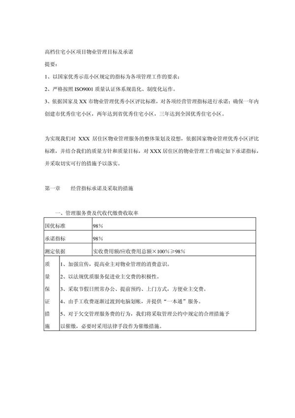 某高档住宅小区项目物业管理目标及承诺