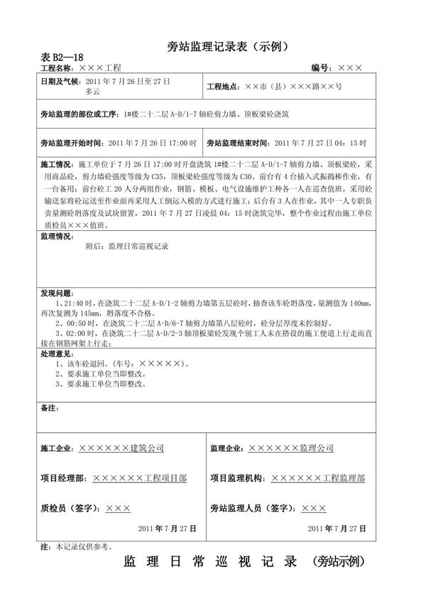 旁站监理记录样本