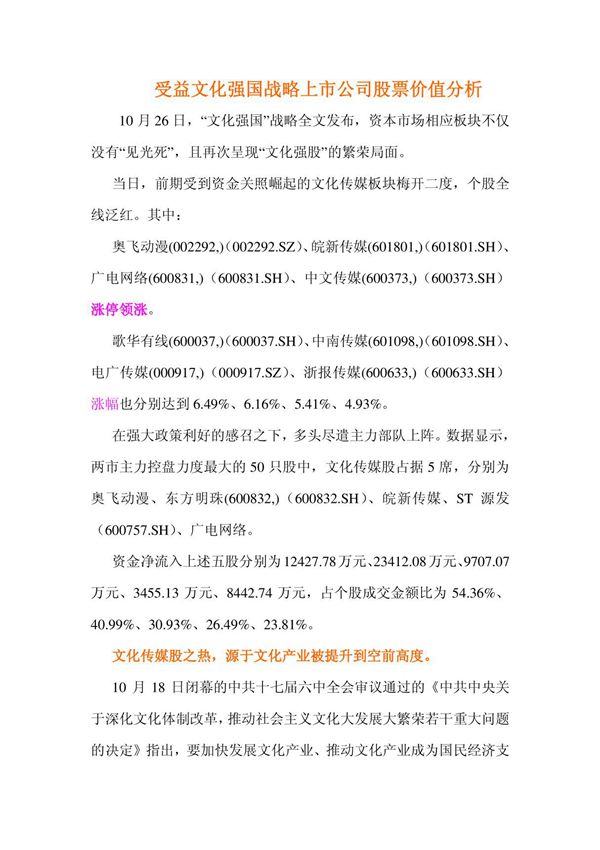 受益文化强国战略上市公司股票价值分析