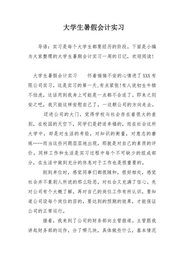 大学生暑假会计实习