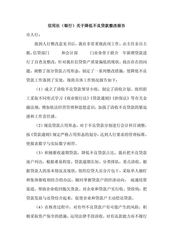 信用社(银行)关于降低不良贷款整改报告