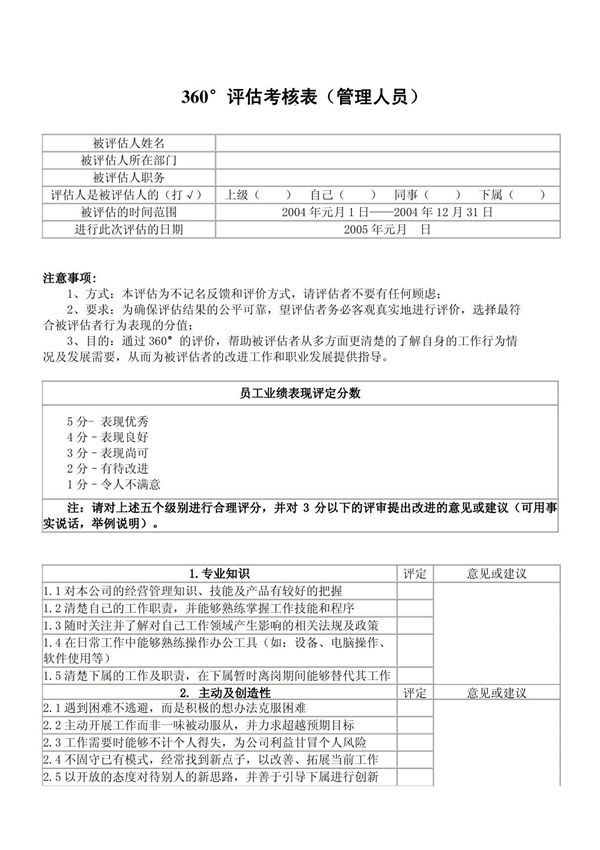 360年度评估表(管理人员)