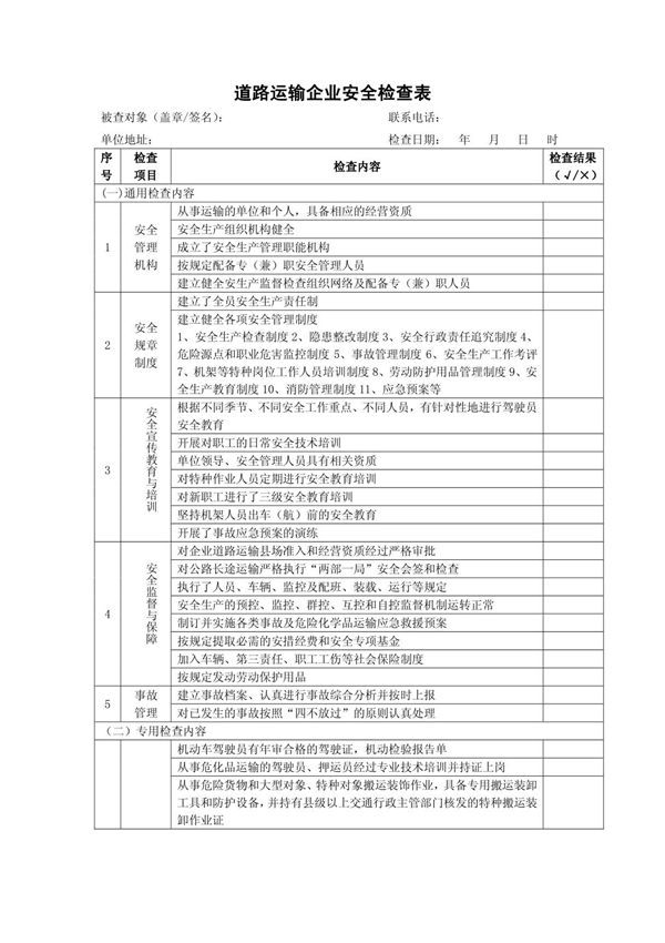 道路运输企业安全检查表