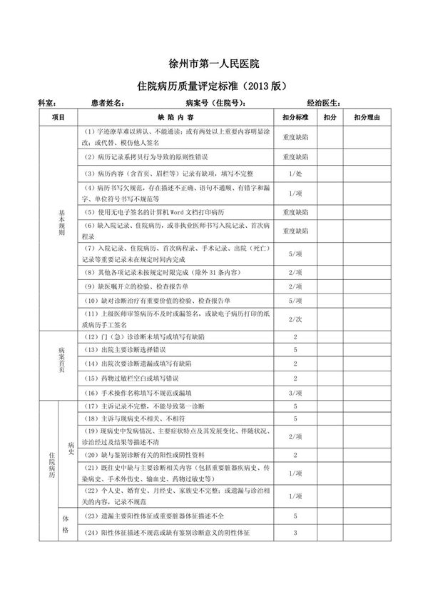 住院病历质量评定标准(2013版)