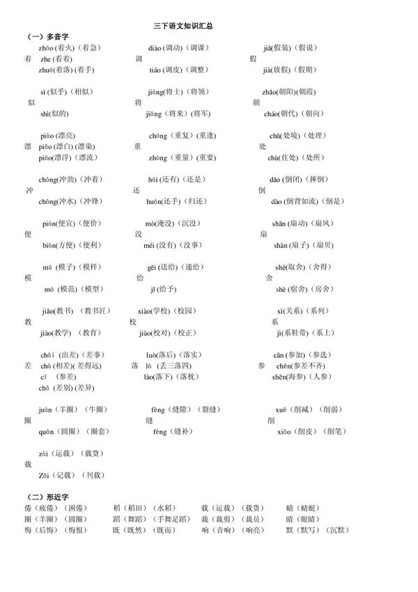 三年级下册语文期末多音字形近字及句子练习