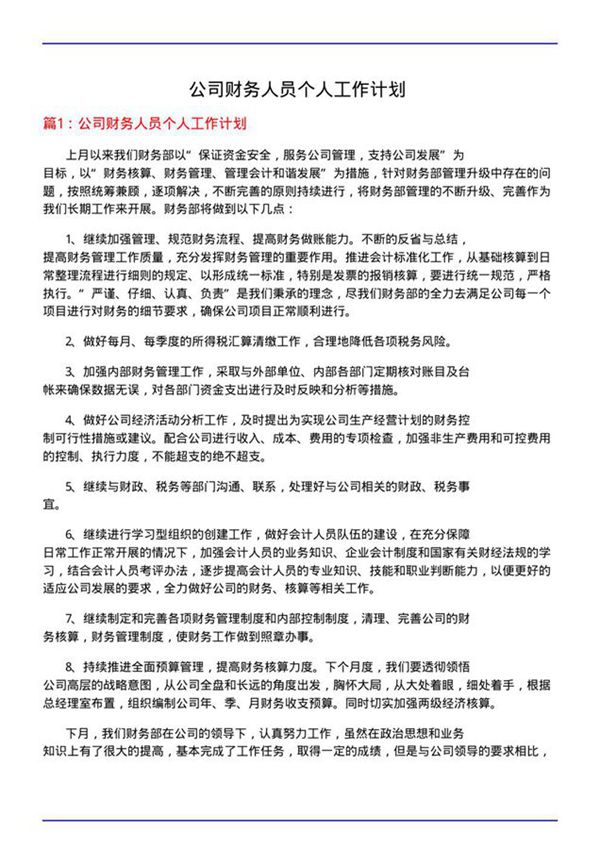 公司财务人员个人工作计划