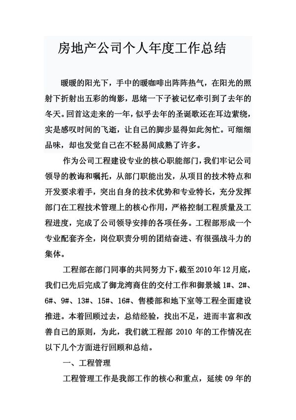 2010年房产公司个人年度工作总结