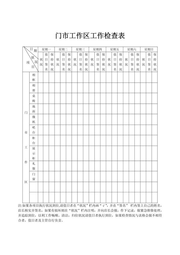 xx婚纱影楼门市用品 卫生工作检查表