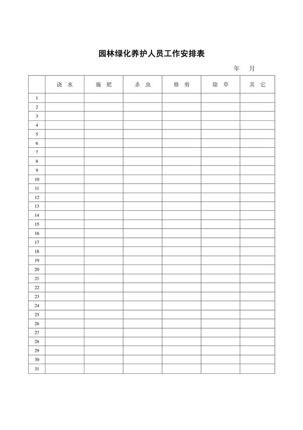 园林绿化养护人员工作安排表