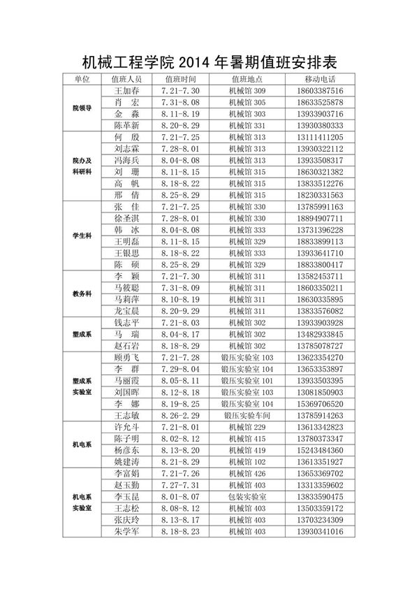 机械工程学院2014年暑期值班安排表