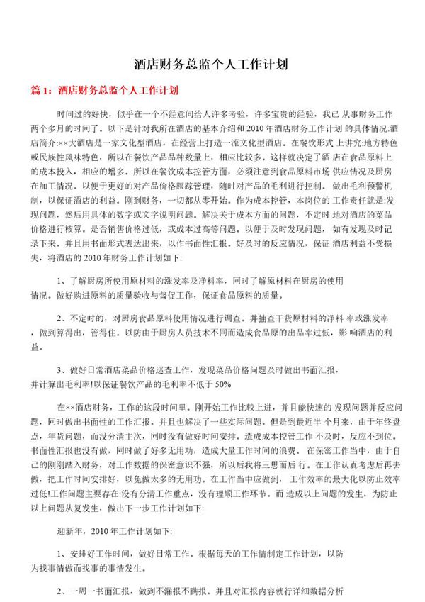 酒店财务总监个人工作计划