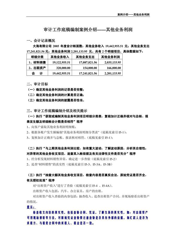 审计底稿编制案例37-其他业务利润-候艳华 案例介绍-其他业务利润