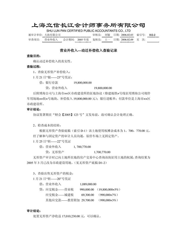 审计底稿编制案例41－营业外收入－候艳华 工作底稿－营业外收入