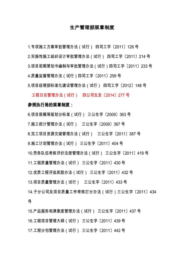 生产管理部规章制度目录