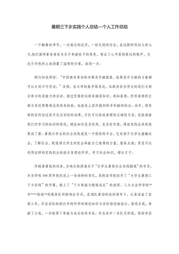 暑期三下乡实践个人总结个人工作总结