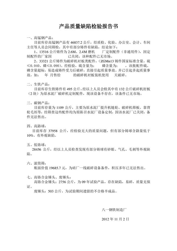 产品质量检验报告书