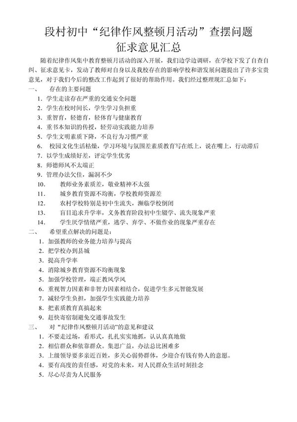 纪律作风整顿征求意见汇总表